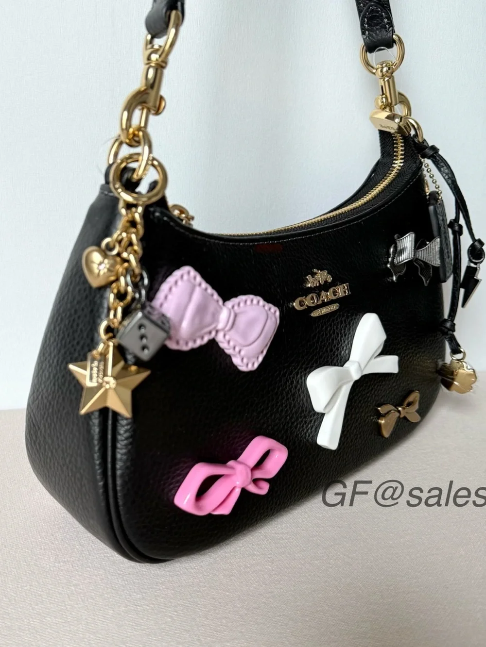 Coach Teri Shoulder Bag Black Pebble Leather Bow Charm Set CDY93 NWT